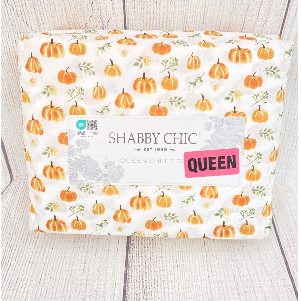 Shabby Chic Sheet Set Queen Pumpkin Floral White Orange Fall Autumn Microfiber